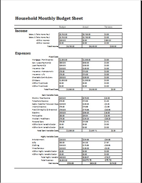 Household Monthly Budget Sheet For Excel And Calc Document Hub