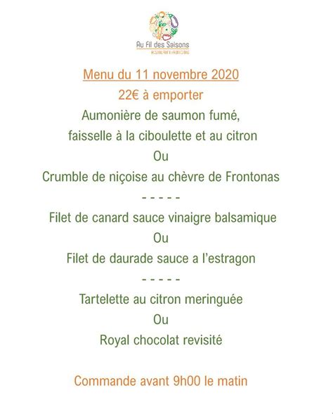 Menu Au Au Fil Des Saisons Restaurant Frontonas