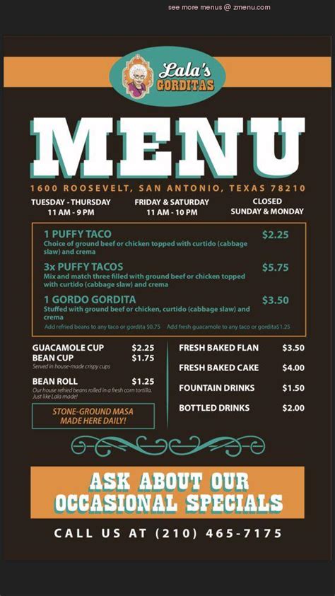 Menu At Lala S Gorditas Restaurant San Antonio