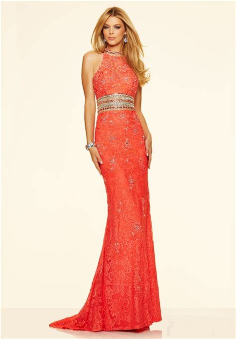 Formal High Neck Open Back Long Coral Lace Beaded Evening Prom Dress