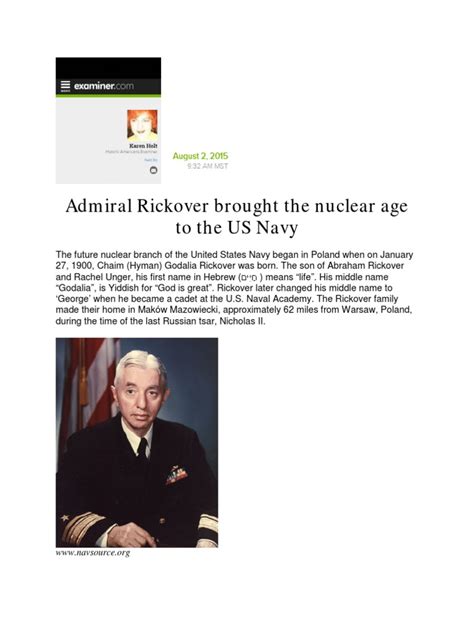 Admiral Rickover Brought The Nuclear Age To The Us Navy Pdf