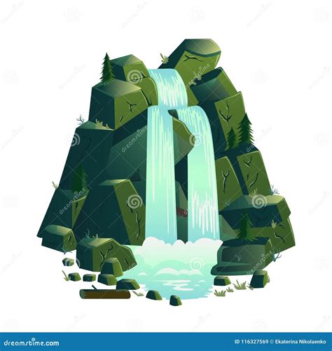 Waterfall Cartoon Landscapes With Mountains And Fir Trees Stock Vector