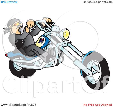 Clipart Illustration Of A Riding Biker Dude On His Blue Chopper By