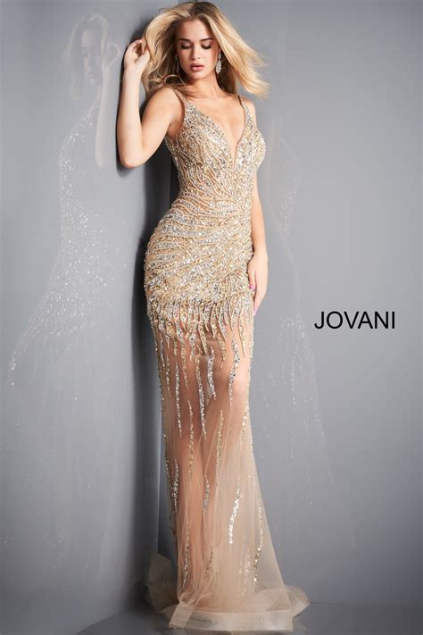 Jovani Gold Silver Sheer Beaded Prom Dress