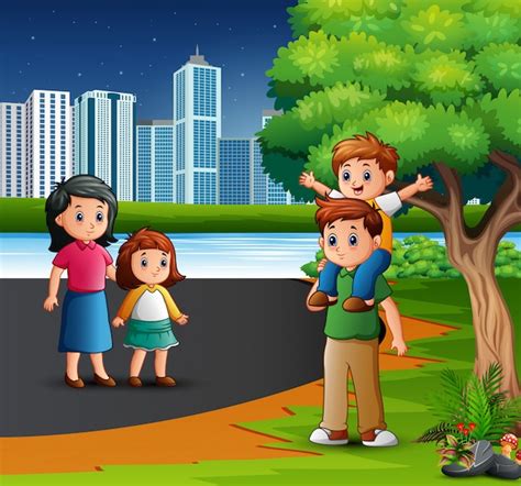 Familia De Dibujos Animados Divirtiéndose En El Parque De La Ciudad