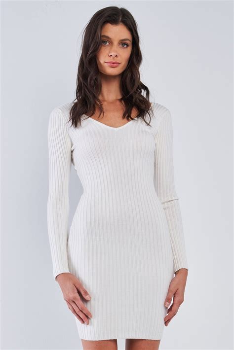 Off White V Neck Long Sleeve Ribbed Knit Sweater Mini Dress Mini
