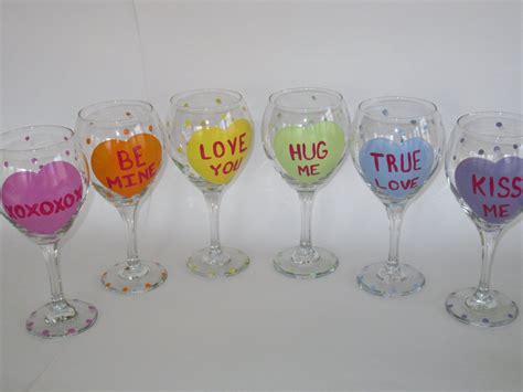 Hand Painted Valentine S Day Wine Glasses With Hearts Conversation Hearts 65 00 Via Etsy