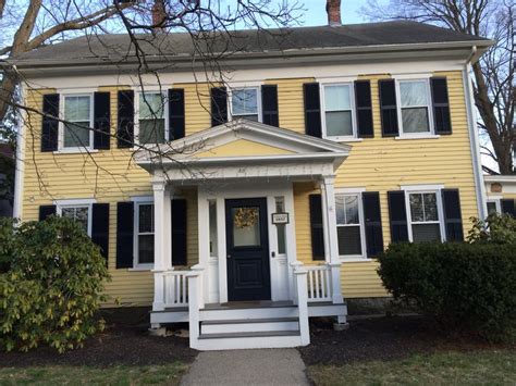 White cottage is a home decor shop and window treatment studio. Sunny yellow house. Historic homes, Westborough, MA ...