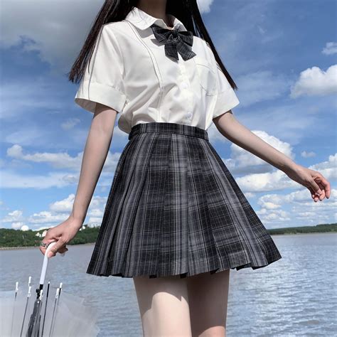 Lonely City Longshort Sleeve Stundent Lady Girls High Waist Plaid Pleated Skirts Jk School