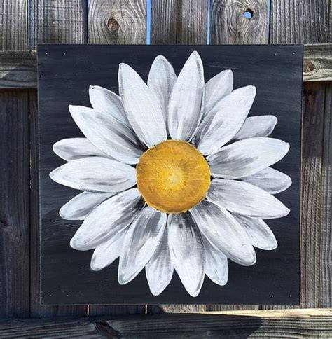 Daisy Painting On Wood Panel Original Flower Art Black And White