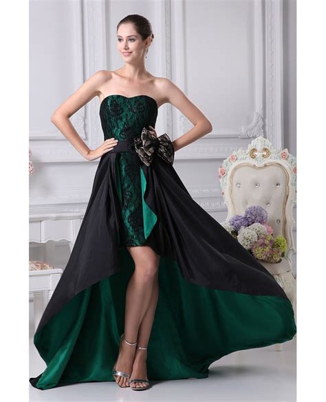 Scoop back short sleeves hidden back zipper train hem lined fit and flare silhouette content + care shell: Black and Hunter Green Strapless Lace Bow Wedding Dress in Short Front Long Back #OP4241 $165.2 ...