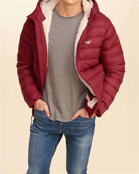 hollister synthetic sherpa lined down puffer jacket in red for men lyst