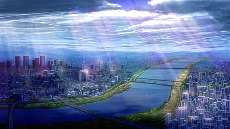 Paisaje Urbano De Anime Río Escénico Rayos De Sol Nubes Cielo Anime Fondo De Pantalla Hd