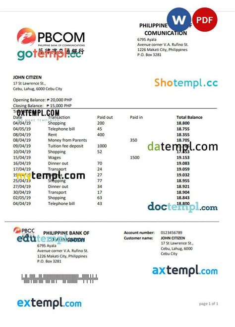 philippines bank of communications proof of address bank statement template in word and pdf