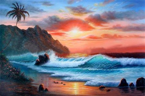 Hawaii Beach Seashore Painting Palm Tree Sunrise Painting Canvas A