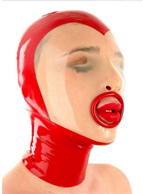 Latex Rubber Red Transparent Face Mask Suit Head Cover
