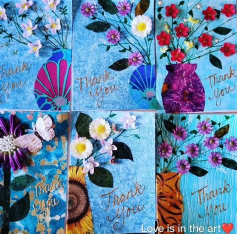 Fabric Art Thank You Greeting Cards Art Flowers Etsy