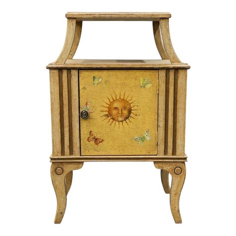 Vintage English Traditional Yellow End Table With Cabinet And Shelf