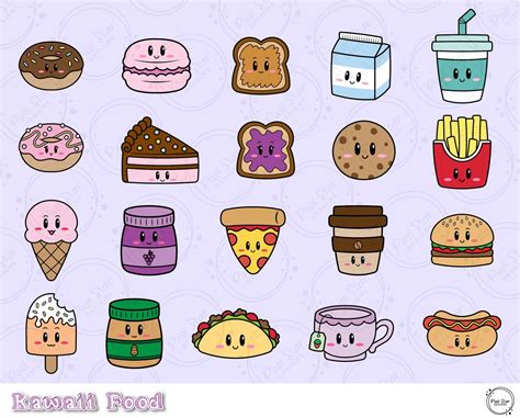 Cute Food Clipart Set Kawaii Food And Dessert Vector Graphics
