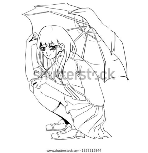 Anime Girl Sitting Under Umbrella Hiding Stock Illustration 1836312844