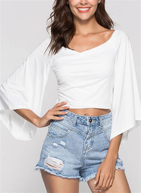 White Sexy Off Shoulder Flare Sleeve Crop Top Loose Tee