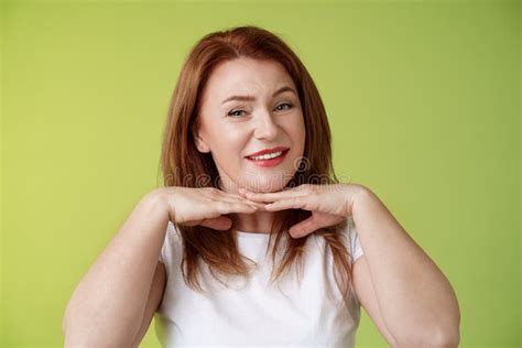 Looking Good Happy Cheerful Redhead Middle Aged 50s Woman Smiling Delighted Hold Hands Under