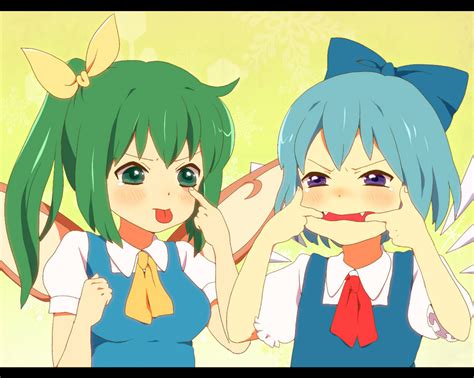 Safebooru Blue Eyes Blue Hair Bow Cirno Daiyousei Fangs Green Eyes Green Hair Hair Bow