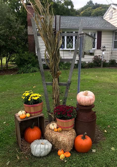 Outdoor Fall Decorations With Corn Stalks Mums And Pumpkins Fall