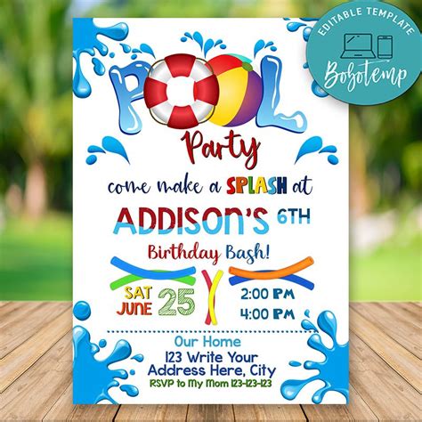 Editable Swimming Pool Party Invitations Instant Download Sunmily