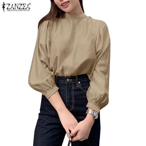 Zanzea Women Vintage Full Puff Sleeve Stand Collar Back Button Solid