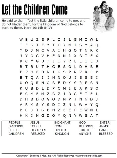 Let The Children Come Word Search Sunday School Worksheets
