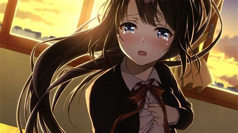 Download 1920x1080 Anime Girl Crying Classroom Sad Face Brown Hair School Uniform Sunset