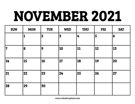 Printable November 2021 Calendar With Holidays