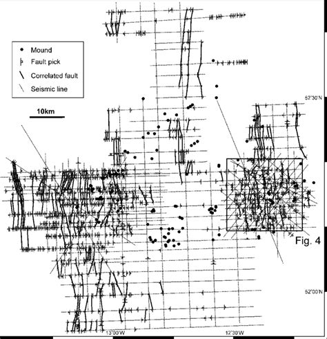 Positions Of Faults And Mounds Interpreted On The 2d Seismic Surveys In