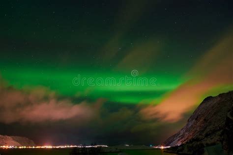 Aurora Borealis Green Northern Lights Above Mountains Stock Image