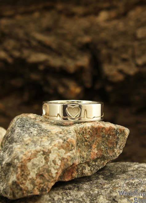 Sterling Silver Band And Heart Ring Pulse Ring For Couples Etsy