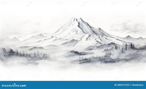 Watercolor Illustration Of Misty Mountains With Mystic Symbolism Stock