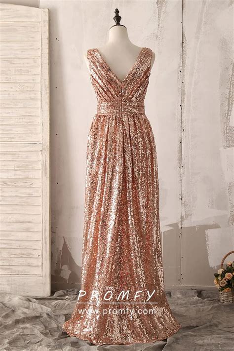 Gold Sequin V Neck Sleeveless Long Bridesmaid Dress Promfy