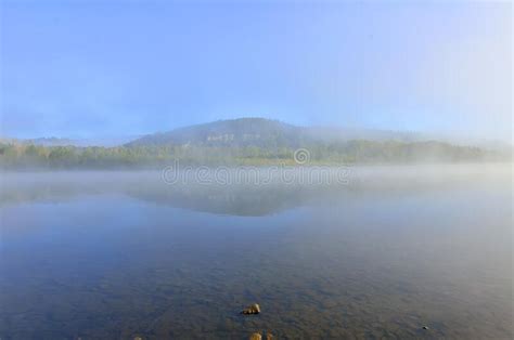 Early Foggy Morning Over The River Beautiful Summer Landscape Stock