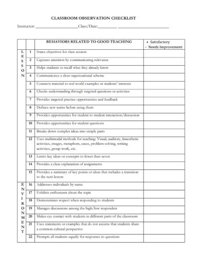 Free 10 Classroom Observation Checklist Samples Behavior Management