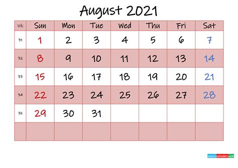 Free Printable Coloring Calendar 2021 August Template K21m440