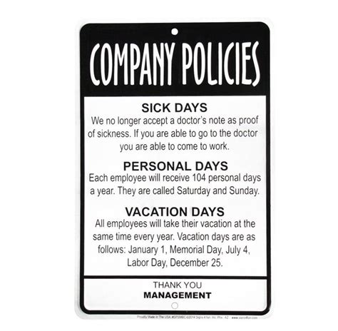 Treasure Gurus Employees Company Policies Funny Sign Great Break Room