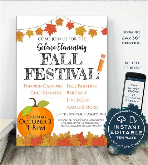Fall Festival Poster Editable Fall Harvest Invitation Printable Hall