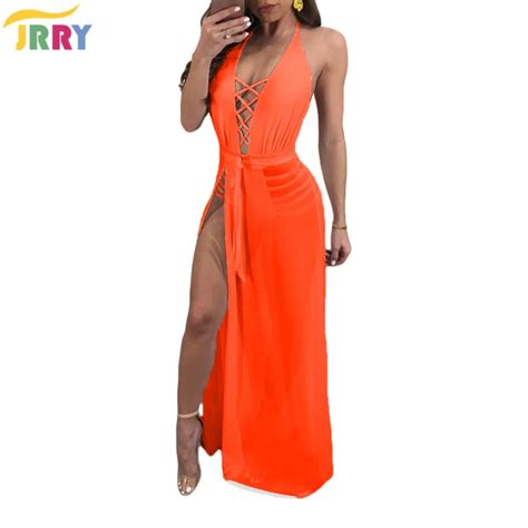 Jrry Sexy Spaghetti Strap Patchwork Veils Women Maxi Dresses Deep V Neck Halter Slit Long Dress