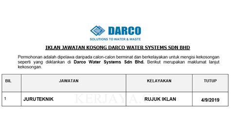 Mencari tempat untuk anda memperluaskan pengalaman? Permohonan Jawatan Kosong Darco Water Systems ~ Juruteknik ...