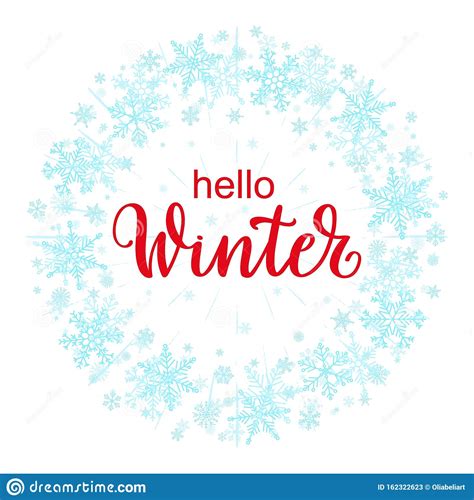 Vector Season Greeting Card Hello Winter With Snowflakes Wreath Stock