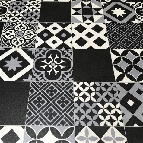 Victorian Tile Effect Sheet Vinyl Flooring Black Grey And White