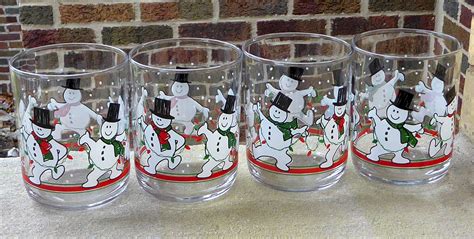4 Vintage Libbey Frosty The Dancing Snowman Snowmen Red White Green Winter Holiday Christmas