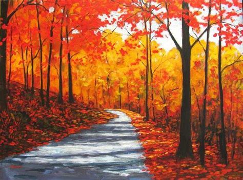 Acrylic Painting Of A Path Through Autumnal Woods Autumn Painting