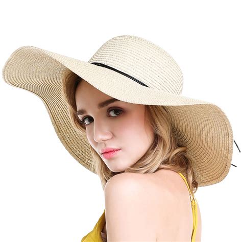 Womens Floppy Straw Hat Wide Brim Foldable Beach Cap Sun Hat For Women